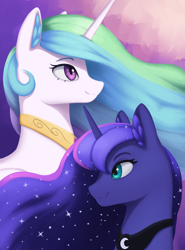Size: 1423x1920 | Tagged: safe, artist:mrscroup, princess celestia, princess luna, alicorn, pony, equestria at war mod, cute, duo, ethereal mane, female, jewelry, mare, regalia, royal sisters, siblings, sisters, smiling, starry mane