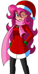 Size: 699x1350 | Tagged: safe, artist:kurus22, pinkie pie, human, christmas, clothes, costume, hat, holiday, human coloration, humanized, light skin, one eye closed, santa costume, santa hat, scarf, simple background, solo, transparent background, wink