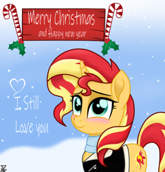 Size: 2300x2400 | Tagged: safe, artist:theretroart88, sunset shimmer, pony, unicorn, blushing, christmas, clothes, female, holiday, holly, jacket, mare, merry christmas, scarf, smiling