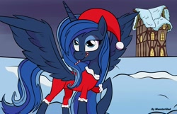 Size: 4632x2984 | Tagged: safe, artist:monsterglad, princess luna, alicorn, pony, spoiler:comic, candy, candy cane, christmas, christmas clothing, food, hat, hearth's warming eve, holiday, mouth hold, santa hat