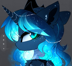 Size: 975x884 | Tagged: safe, artist:magnaluna, princess luna, alicorn, pony, bust, chest fluff, crown, cute, ear fluff, ethereal mane, eye clipping through hair, female, horn, horn jewelry, jewelry, looking at you, looking back, looking back at you, mare, portrait, pretty, profile, regalia, slit eyes, solo, starry mane, wing fluff
