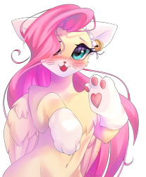 Size: 3000x3624 | Tagged: safe, artist:jun1313, fluttershy, cat, pegasus, pony, animal costume, bell, blushing, cat bell, chest fluff, clothes, costume, cute, daaaaaaaaaaaw, female, fluttercat, high res, hnnng, mare, mask, paw gloves, paw prints, shyabetes, simple background, solo, transparent background, weapons-grade cute