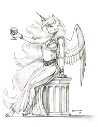 Size: 1062x1369 | Tagged: safe, artist:baron engel, part of a set, princess celestia, alicorn, anthro, unguligrade anthro, breasts, cleavage, clothes, dress, female, glass, grayscale, horn jewelry, jewelry, mare, monochrome, pencil drawing, side slit, simple background, sketch, smiling, solo, traditional art, white background, wine glass