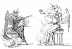 Size: 1936x1313 | Tagged: safe, artist:baron engel, princess celestia, princess luna, alicorn, anthro, unguligrade anthro, alcohol, black and white, bracelet, breasts, cleavage, clothes, dress, duo, female, glass, goddess, grayscale, horn, horn jewelry, jewelry, mare, monochrome, necklace, pencil drawing, royal sisters, siblings, side slit, simple background, sisters, sitting, sketch, smiling, traditional art, white background, wine, wine glass