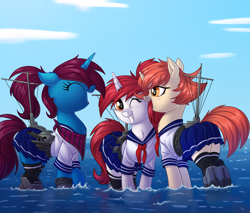Size: 4000x3401 | Tagged: safe, artist:ncmares, artist:sugaryviolet, color edit, edit, oc, oc only, oc:altus bastion, oc:ruby, oc:specialist sunflower, pony, unicorn, clothes, colored, eyes closed, female, giant pony, kantai collection, macro, mare, ocean, one eye closed, open mouth, sailor uniform, schoolgirl, sketch, uniform