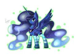 Size: 1400x1000 | Tagged: dead source, safe, artist:hilloty, princess luna, alicorn, pony, clothes, simple background, socks, solo, spread wings, striped socks, transparent, transparent background, wings