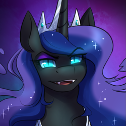 Size: 675x675 | Tagged: safe, artist:cosmalumi, nightmare moon, alicorn, pony, bust, crown, female, jewelry, looking at you, mare, portrait, regalia, slit eyes, smiling, solo