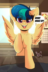 Size: 2000x3000 | Tagged: safe, artist:shadowreindeer, oc, oc only, oc:apogee, oc:houston, oc:mozzarella orgy, food pony, original species, pegasus, pizza pony, pony, rat, calendar, cute, diageetes, ear freckles, eye clipping through hair, female, filly, food, freckles, looking at you, ocbetes, open mouth, pegasus oc, pizza, ponified, present, shinodage's birthday, smiling, solo focus, speech bubble, teenager, weapons-grade cute