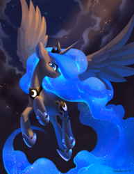 Size: 3603x4663 | Tagged: safe, artist:dawnfire, princess luna, alicorn, pony, beautiful, female, flying, hoof shoes, jewelry, lighting, looking at you, mare, night, night sky, regalia, shading, sky, smiling, solo