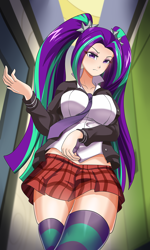 Size: 722x1200 | Tagged: safe, artist:thebrokencog, aria blaze, human, aria bazookas, big breasts, breasts, canterlot high, clothes, door, eyelashes, eyeshadow, female, frown, hair tie, hallway, humanized, indoors, jacket, lockers, looking at you, low angle, makeup, miniskirt, necktie, pigtails, plaid skirt, pleated skirt, schoolgirl, sexy, shirt, skirt, socks, solo, striped socks, thigh highs, thighs, tight clothing, twintails, zettai ryouiki