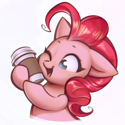 Size: 1404x1404 | Tagged: safe, artist:mirroredsea, pinkie pie, earth pony, pony, coffee, coffee cup, cup, cute, diapinkes, female, mare, pinkie found the coffee, simple background, smiling, solo, xk-class end-of-the-world scenario