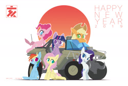 Size: 1748x1181 | Tagged: safe, artist:satv12, applejack, fluttershy, pinkie pie, rainbow dash, rarity, twilight sparkle, twilight sparkle (alicorn), alicorn, earth pony, pegasus, pony, unicorn, 2019, female, halo (series), happy new year, happy new year 2019, holiday, mane six, mare, vehicle, warthog