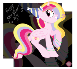 Size: 1920x1714 | Tagged: safe, artist:raspberrystudios, oc, oc only, oc:aurelia charm, alicorn, alicorn oc, glowstick, happy new year, happy new year 2019, hat, holiday, new year, party hat