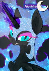 Size: 1786x2569 | Tagged: safe, artist:hioshiru, artist:jiuweidehuli, nightmare moon, alicorn, pony, armor, fangs, female, looking at you, mare, moon, night, night sky, sky, slit eyes, solo, traditional art