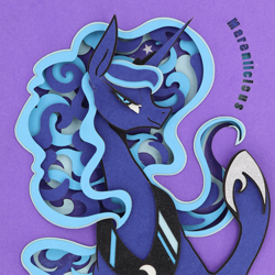 Size: 2595x2595 | Tagged: safe, artist:jiuweidehuli, artist:maren, princess luna, alicorn, pony, bust, female, looking at you, mare, raised hoof, smiling, smirk, solo, traditional art