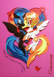 Size: 1644x2320 | Tagged: safe, artist:jiuweidehuli, artist:tomatocoup, daybreaker, nightmare moon, alicorn, pony, a royal problem, armor, chest fluff, duo, eye contact, female, helmet, looking at each other, mane of fire, mare, spread wings, traditional art, wings