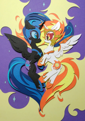 Size: 1661x2347 | Tagged: safe, artist:jiuweidehuli, artist:tomatocoup, daybreaker, nightmare moon, alicorn, pony, a royal problem, armor, chest fluff, craft, duo, eye contact, female, helmet, looking at each other, mane of fire, mare, papercraft, traditional art