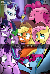 Size: 2016x3007 | Tagged: safe, artist:oinktweetstudios, applejack, fluttershy, pinkie pie, rainbow dash, rarity, spike, starlight glimmer, twilight sparkle, alicorn, dragon, earth pony, pegasus, pony, unicorn, 2019, applejack's hat, cowboy hat, cup, derp, drink, duckface, eyes closed, female, glasses, happy new year, happy new year 2019, hat, holiday, looking at you, magic, male, mane seven, mane six, mare, one eye closed, open mouth, selfie, signature, silly, silly face, silly pony, smiling, telekinesis, wink