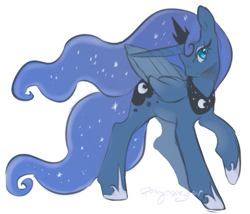 Size: 627x537 | Tagged: safe, artist:ponyhangover, princess luna, alicorn, pony, crown, cute, ethereal mane, female, head turn, hoof shoes, jewelry, lunabetes, mare, regalia, simple background, solo, starry mane, white background