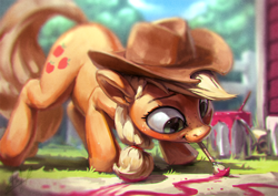 Size: 1200x850 | Tagged: safe, artist:assasinmonkey, applejack, earth pony, pony, :t, brush, cowboy hat, cute, drawing, ear fluff, face down ass up, female, floppy ears, freckles, hat, jackabetes, looking down, mare, mouth hold, paint bucket, paint in hair, paintbrush, painting, raised leg, silly, silly pony, smiling, solo, stetson