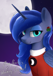 Size: 3541x5016 | Tagged: safe, artist:whiskeypanda, princess luna, alicorn, pony, clothes, cutie mark clothes, female, hearth's warming, looking at you, mare, moon, night, smiling, snow, sweater, text
