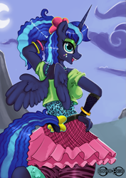 Size: 707x1000 | Tagged: safe, artist:empressbridle, princess luna, alicorn, anthro, between dark and dawn, 80s princess luna, alternate hairstyle, back when things were simple, belt, bracelet, clothes, eyeshadow, female, hand on hip, jewelry, leg warmers, leggings, lidded eyes, looking at you, looking back, looking back at you, makeup, mare, miniskirt, open mouth, ponytail, pose, skirt, solo, spread wings, wings