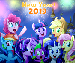 Size: 1560x1320 | Tagged: safe, artist:the-butch-x, applejack, fluttershy, pinkie pie, rainbow dash, rarity, spike, starlight glimmer, twilight sparkle, twilight sparkle (alicorn), alicorn, dragon, earth pony, pegasus, pony, unicorn, 2019, canterlot, cowboy hat, fireworks, happy new year, hat, holiday, mane seven, mane six, open mouth, signature, stetson