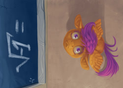 Size: 1277x912 | Tagged: safe, artist:dany-the-hell-fox, scootaloo, pegasus, pony, chalkboard, female, filly, foal, hooves, imaginary number, looking at you, looking up, looking up at you, math, solo, spread wings, tabun art-battle, wide eyes, wings