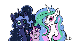 Size: 1280x720 | Tagged: dead source, safe, artist:greyscaleart, princess celestia, princess luna, twilight sparkle, unicorn twilight, alicorn, pony, unicorn, adoracreepy, bust, constellation freckles, creepy, cute, cutelestia, female, freckles, greyscaleart is trying to murder us, grin, long mane, looking at you, lunabetes, mare, messy mane, missing accessory, royal sisters, signature, simple background, smiling, squee, thousand yard stare, transparent background, trio, twiabetes, wide eyes