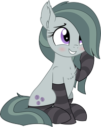 Size: 4534x5694 | Tagged: safe, artist:aureai-sketches, artist:cyanlightning, marble pie, earth pony, pony, .svg available, absurd resolution, blushing, chest fluff, clothes, cute, ear fluff, female, grin, marblebetes, mare, simple background, sitting, smiling, socks, solo, squishy cheeks, stockings, striped socks, thigh highs, transparent background, vector