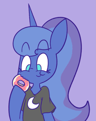 Size: 933x1171 | Tagged: safe, artist:typhwosion, princess luna, alicorn, pony, alternate hairstyle, clothes, cute, donut, eating, food, hoof hold, lunabetes, no pupils, ponytail, purple background, shirt, simple background, solo