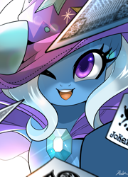 Size: 1441x2000 | Tagged: safe, artist:renokim, trixie, pony, unicorn, cape, clothes, cute, diatrixes, female, hat, mare, one eye closed, open mouth, playing card, signature, trixie's cape, trixie's hat, wink