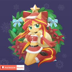 Size: 1000x1000 | Tagged: safe, artist:howxu, sunset shimmer, anthro, adorasexy, armpits, beautiful, belly button, belt, boots, christmas, clothes, cute, female, holiday, midriff, miniskirt, patreon, patreon logo, sexy, shimmerbetes, shoes, skirt, solo, tube top