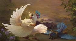 Size: 2229x1200 | Tagged: safe, artist:bra1neater, artist:v747, princess celestia, princess luna, bird, pigeon, collaboration, birb, birdified, bread, breading, chest fluff, duo, female, fine art emulation, fluffy, food, freckles, frown, horn, lidded eyes, majestic as fuck, neck fluff, prone, royal sisters, scenery, seed, sisters, smiling, species swap, spread wings, technical advanced, unamused, wing hands, wings