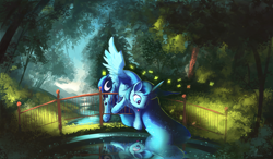 Size: 4770x2785 | Tagged: safe, artist:auroriia, princess luna, alicorn, pony, :p, bent over, bridge, cute, ethereal mane, female, grass, looking at something, looking down, mare, outdoors, reflection, river, scenery, signature, silly, solo, spread wings, starry mane, tongue out, tree, water, wings