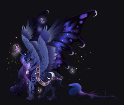 Size: 2017x1709 | Tagged: safe, artist:alissa1010, princess luna, alicorn, butterfly, pony, bat wings, cloven hooves, crown, cutie mark, ethereal mane, ethereal wings, female, freckles, glowing eyes, horn, hybrid wings, jewelry, leonine tail, mare, necklace, redesign, regalia, sash, slit eyes, smiling, solo, sparkles, unshorn fetlocks, wing claws, wings