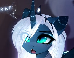 Size: 1200x944 | Tagged: safe, artist:magnaluna, princess luna, alicorn, pony, alternate hair color, cheek fluff, crown, cute, dialogue, ear fluff, eye clipping through hair, fangs, female, horn jewelry, jewelry, lunabetes, mare, one word, open mouth, regalia, slit eyes, solo, sparkly mane