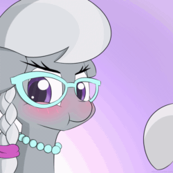 Size: 1000x1000 | Tagged: safe, artist:n0nnny, silver spoon, sweetie belle, pony, :p, :t, animated, blushing, boop, braid, cute, eye shimmer, female, filly, floppy ears, frame by frame, gif, glasses, gradient background, jewelry, looking away, n0nnny's boops, necklace, nose wrinkle, pearl necklace, scrunchy face, silverbetes, solo focus, tongue out