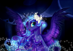 Size: 3000x2112 | Tagged: safe, artist:eiirine, princess luna, alicorn, pony, female, flower, flower in hair, mare, open mouth, solo, spread wings, wings