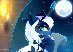 Size: 1555x1113 | Tagged: safe, artist:magnaluna, princess luna, alicorn, pony, alternate design, female, jewelry, looking back, magic, mare, moon, regalia, solo, telekinesis, torch