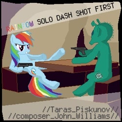 Size: 300x300 | Tagged: safe, artist:distoorted, rainbow dash, pegasus, pony, chalmun's cantina, george lucas is a duck, greedo, gun, han shot first, parody, ponified, rodian, star wars