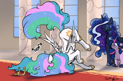 Size: 2784x1822 | Tagged: safe, artist:greyscaleart, princess celestia, princess luna, twilight sparkle, unicorn twilight, alicorn, pony, unicorn, canterlot castle, carpet, constellation, descriptive noise, epic fail, ethereal mane, face down ass up, faceplant, fail, female, floppy ears, frown, galaxy mane, hoof shoes, jewelry, lidded eyes, luna is not amused, majestic as fuck, mare, messy mane, missing accessory, oof, pillar, raised leg, red carpet, regalia, size difference, sparkles, spread wings, starry mane, this will end in pain, tripping, unamused, wide eyes, window, wings