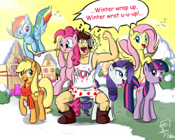 Size: 1280x1024 | Tagged: safe, artist:darthagnan, applejack, fluttershy, pinkie pie, rainbow dash, rarity, twilight sparkle, human, pony, winter wrap up, blowout, boots, boxers, brony, clothes, headphones, heart, heart print underwear, human in equestria, mane six, music notes, noisemaker, party horn, ponyville, scarf, shirt, shoes, snow, text, underwear
