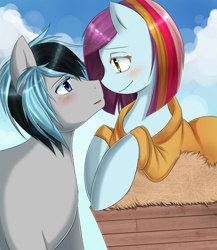 Size: 2000x2300 | Tagged: safe, artist:netamenta, oc, oc only, oc:dolly flash, earth pony, pegasus, pony, blushing, clothes, eye contact, female, looking at each other, male, prone, shipping, smiling, straight