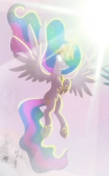 Size: 847x1368 | Tagged: safe, artist:light262, princess celestia, alicorn, pony, comic:timey wimey, comic, cropped, ethereal mane, female, glowing eyes, glowing horn, jewelry, lens flare, light, magic, mare, regalia, solo, spread wings, wings