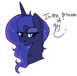 Size: 599x596 | Tagged: safe, artist:lulubell, princess luna, alicorn, pony, bust, ethereal mane, female, freckles, lesbian, lidded eyes, mare, princess of gay, shitposting, simple background, solo, speech, starry mane, transparent background