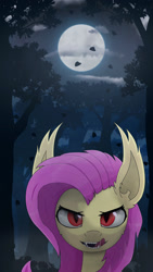 Size: 1080x1920 | Tagged: safe, artist:probaldr, fluttershy, bat pony, pony, bat ponified, bust, drool, fangs, female, flutterbat, forest, frown, full moon, licking, licking lips, looking at you, mare, moon, night, open mouth, outdoors, race swap, red eyes, slit eyes, solo, tongue out