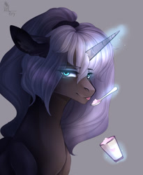 Size: 1024x1247 | Tagged: safe, artist:velirenrey, princess luna, alicorn, pony, food, glowing horn, ice cream, magic, signature, solo, spoon, telekinesis, tongue out