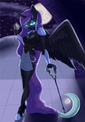 Size: 3307x4724 | Tagged: safe, artist:labglab, artist:php97, nightmare moon, alicorn, anthro, collaboration, cute, cutie mark, dark magic, evil, eye contact, female, glowing eyes, looking at each other, looking at you, magic, mare, moon, rcf community, solo, weapon, wings