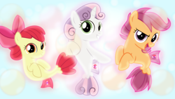 Size: 1600x900 | Tagged: safe, artist:jhayarr23, artist:sailortrekkie92, edit, apple bloom, scootaloo, sweetie belle, sea pony, seapony (g4), surf and/or turf, cutie mark crusaders, female, filly, fin wings, fins, sea-mcs, seaponified, seapony apple bloom, seapony scootaloo, seapony sweetie belle, species swap, wallpaper, wallpaper edit